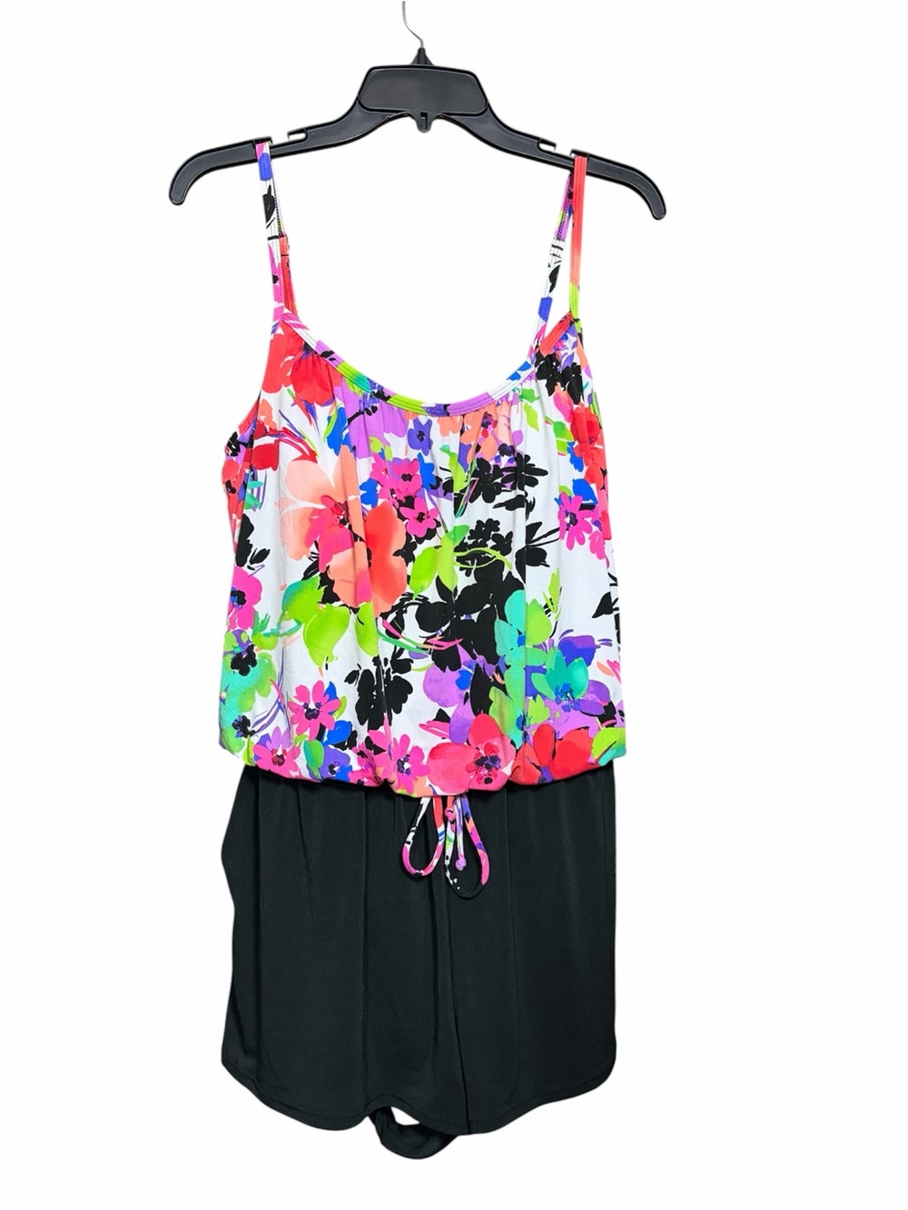 SWIMSUIT- Floral Print Tank Romper with Black Bottom